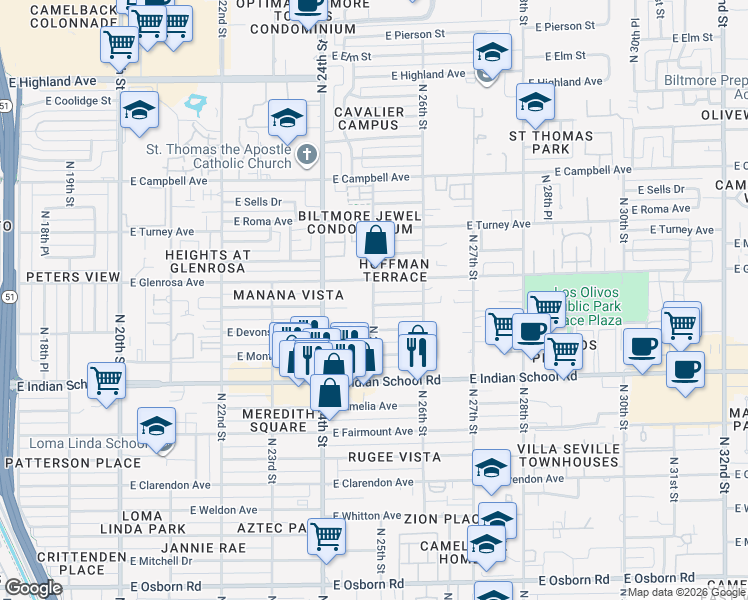 map of restaurants, bars, coffee shops, grocery stores, and more near 2514 East Heatherbrae Drive in Phoenix