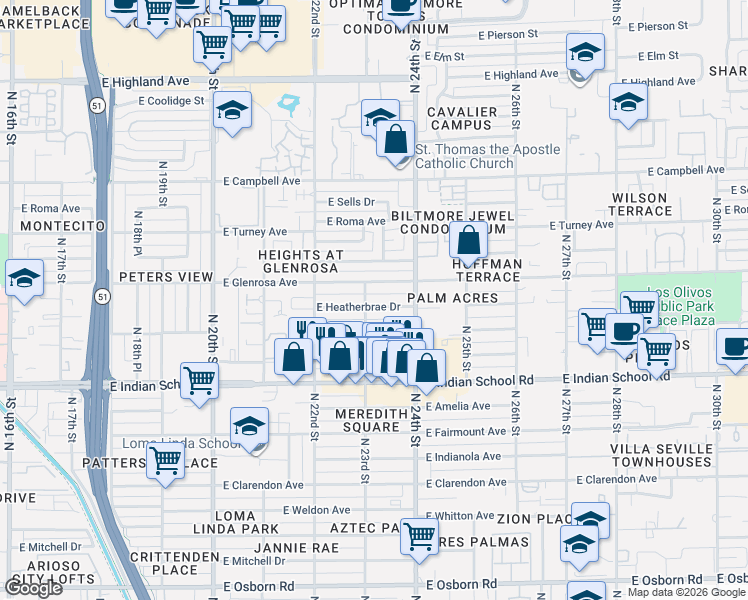 map of restaurants, bars, coffee shops, grocery stores, and more near 2308 East Heatherbrae Drive in Phoenix
