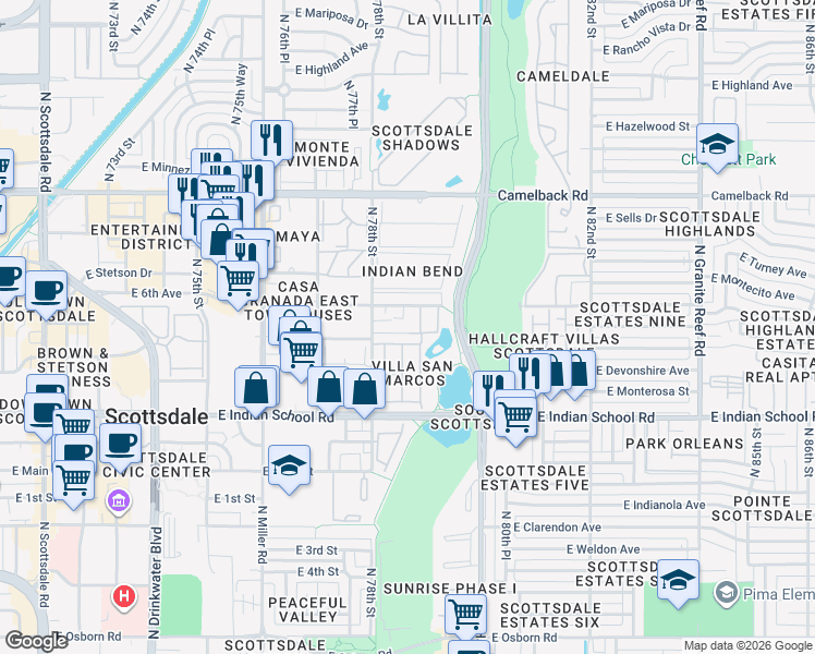 map of restaurants, bars, coffee shops, grocery stores, and more near 7826 East Heatherbrae Avenue in Scottsdale