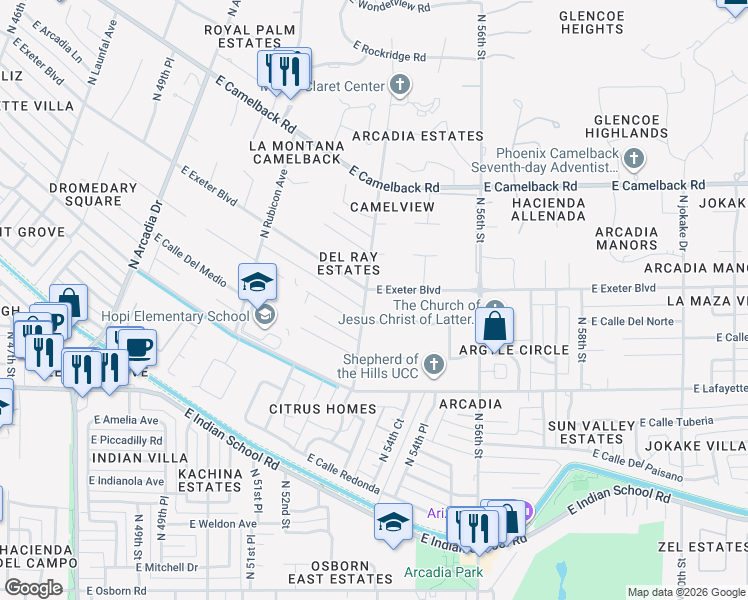 map of restaurants, bars, coffee shops, grocery stores, and more near 5351 East Exeter Boulevard in Phoenix