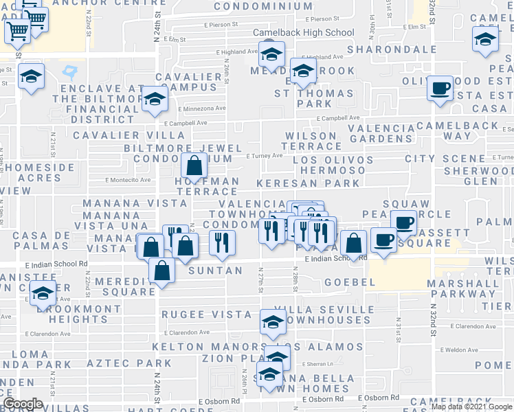 map of restaurants, bars, coffee shops, grocery stores, and more near in Phoenix