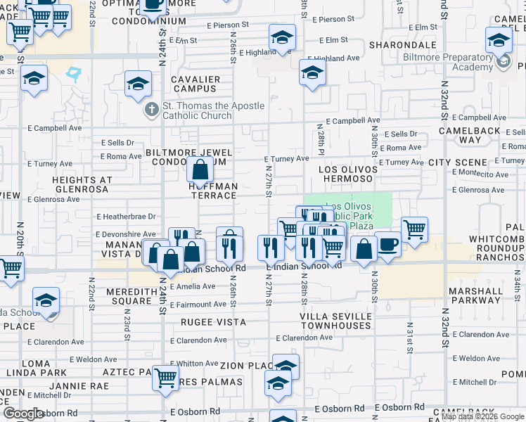 map of restaurants, bars, coffee shops, grocery stores, and more near in Phoenix
