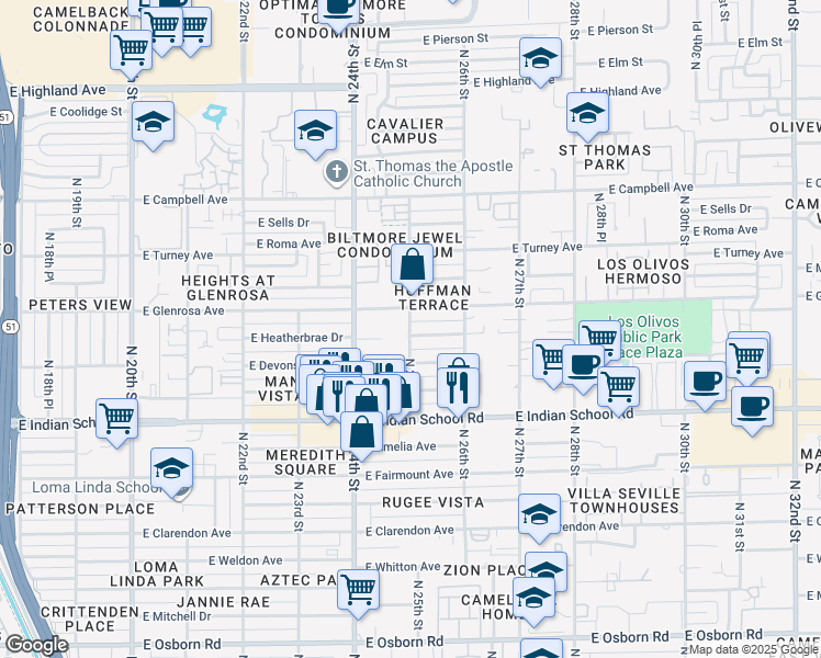 map of restaurants, bars, coffee shops, grocery stores, and more near 2514 East Heatherbrae Drive in Phoenix