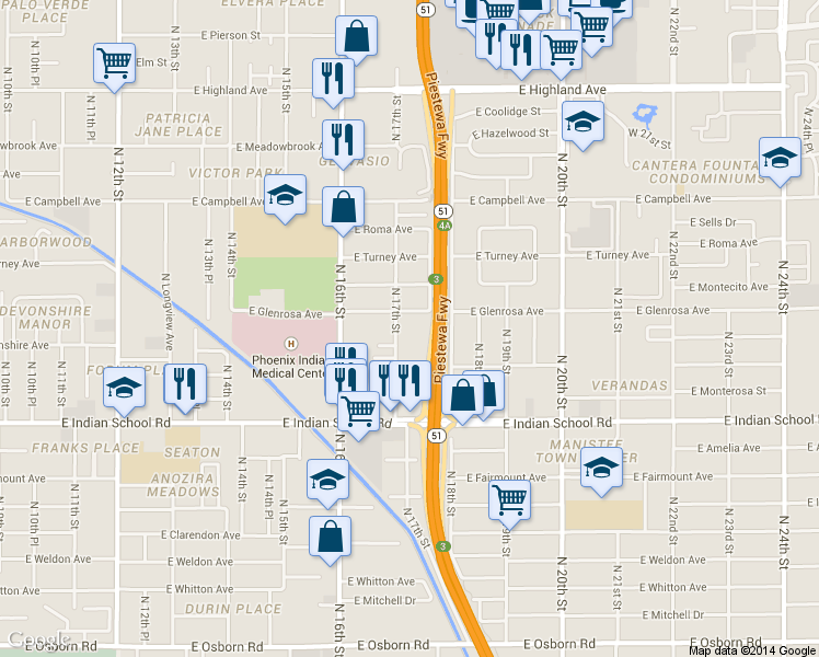 map of restaurants, bars, coffee shops, grocery stores, and more near 4242 North 17th Street in Phoenix