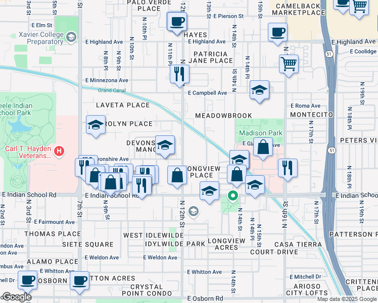 map of restaurants, bars, coffee shops, grocery stores, and more near in Phoenix