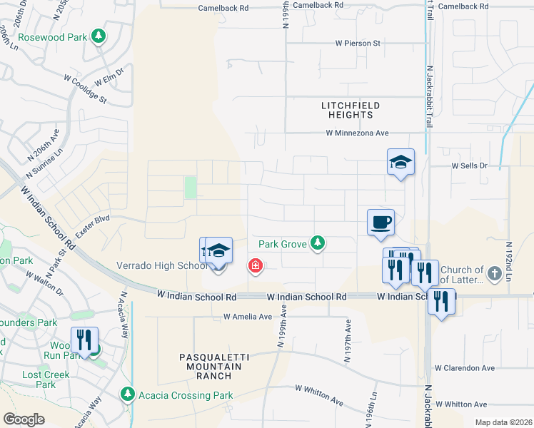 map of restaurants, bars, coffee shops, grocery stores, and more near 19919 Montecito Avenue in Litchfield Park