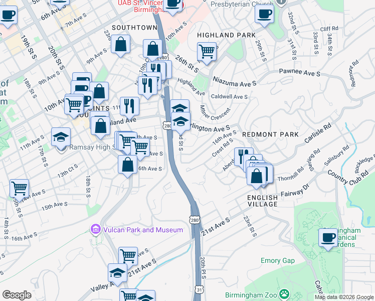 map of restaurants, bars, coffee shops, grocery stores, and more near 2422 Arlington Crescent in Birmingham