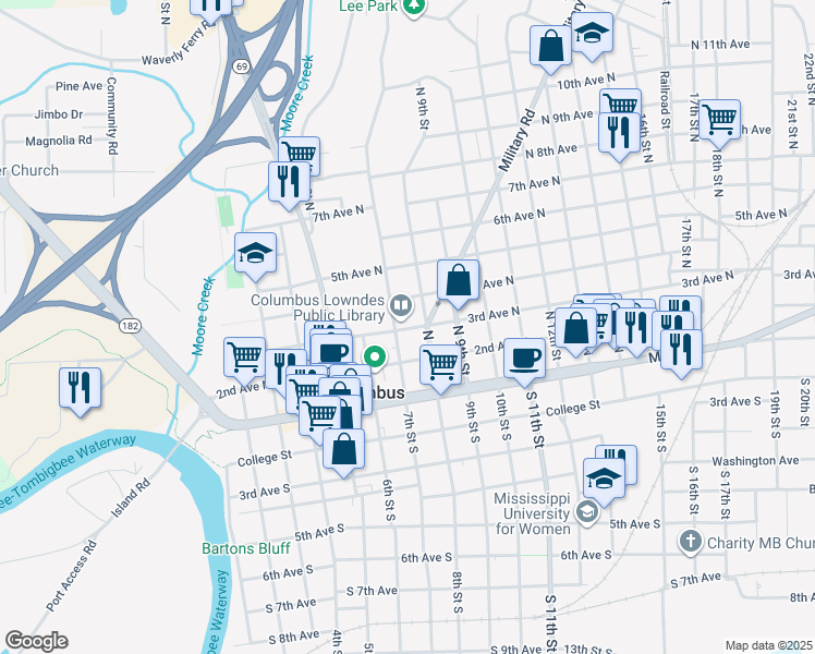 map of restaurants, bars, coffee shops, grocery stores, and more near 320 North 8th Street in Columbus