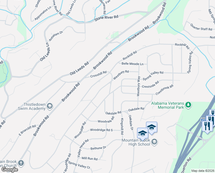 map of restaurants, bars, coffee shops, grocery stores, and more near 3589 Westbury Road in Birmingham