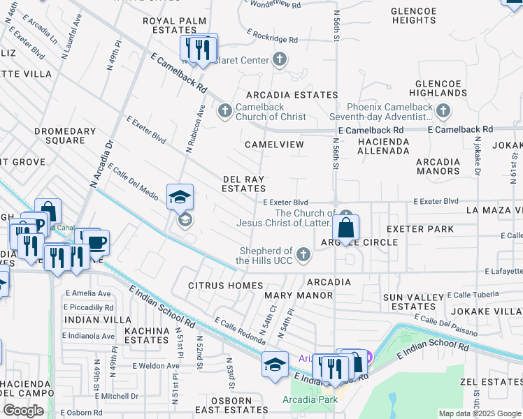 map of restaurants, bars, coffee shops, grocery stores, and more near 5351 East Exeter Boulevard in Phoenix