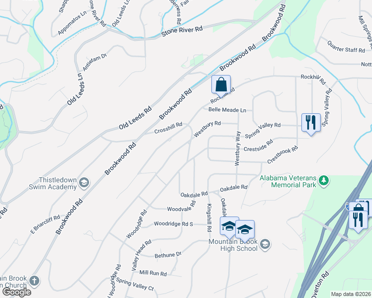 map of restaurants, bars, coffee shops, grocery stores, and more near 3589 Westbury Road in Birmingham