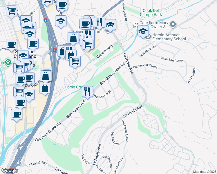 map of restaurants, bars, coffee shops, grocery stores, and more near 31991 Via La Plata in San Juan Capistrano