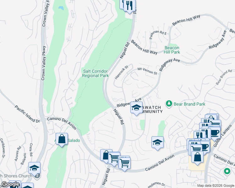 map of restaurants, bars, coffee shops, grocery stores, and more near 16 Kendall Street in Laguna Niguel