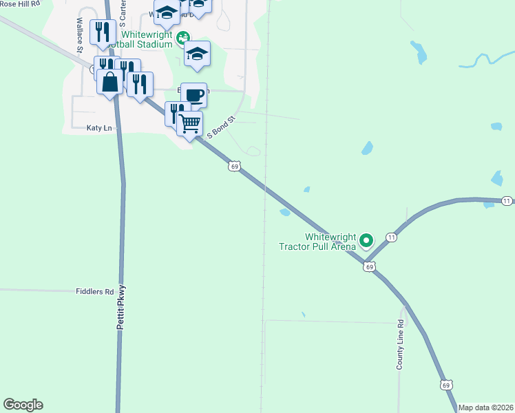 map of restaurants, bars, coffee shops, grocery stores, and more near 15188 Highway 11 in Whitewright