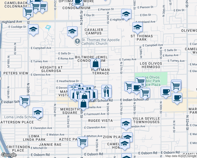map of restaurants, bars, coffee shops, grocery stores, and more near 2514 East Heatherbrae Drive in Phoenix