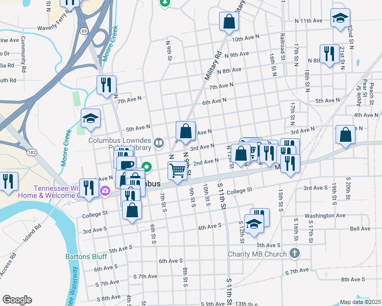 map of restaurants, bars, coffee shops, grocery stores, and more near 906 3rd Avenue North in Columbus