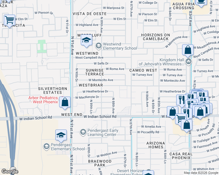 map of restaurants, bars, coffee shops, grocery stores, and more near 8813 West Glenrosa Avenue in Phoenix