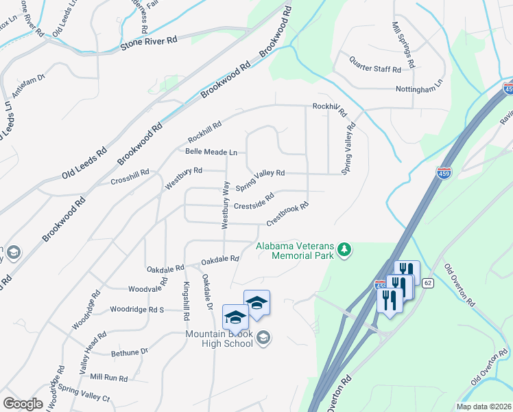 map of restaurants, bars, coffee shops, grocery stores, and more near 3632 Crestside Road in Birmingham