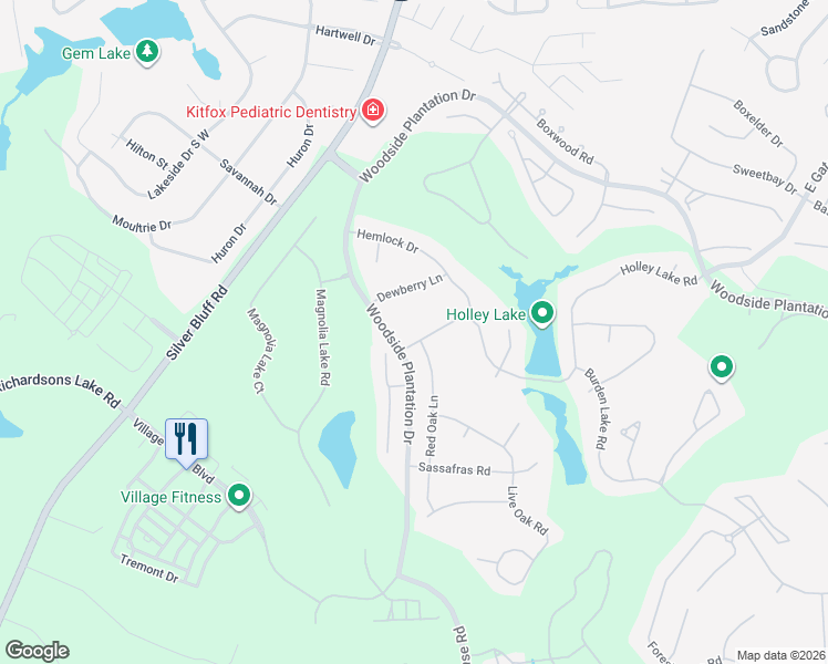 map of restaurants, bars, coffee shops, grocery stores, and more near 917 Holley Lake Road in Aiken