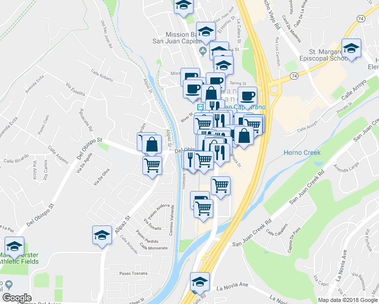 map of restaurants, bars, coffee shops, grocery stores, and more near 31902 Del Obispo St in San Juan Capistrano