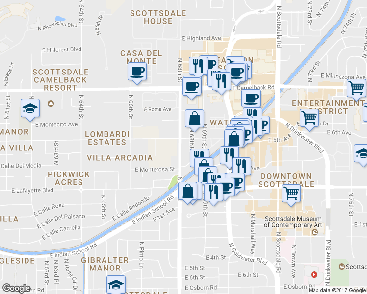 map of restaurants, bars, coffee shops, grocery stores, and more near 4237 North 68th Street in Scottsdale