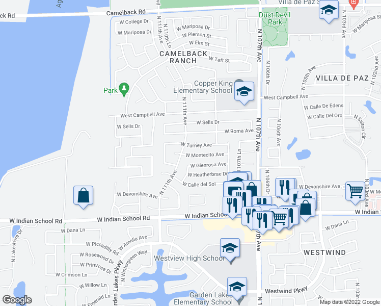 map of restaurants, bars, coffee shops, grocery stores, and more near 10930 West Montecito Avenue in Phoenix