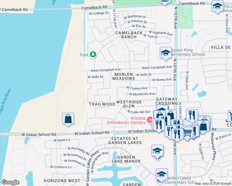 map of restaurants, bars, coffee shops, grocery stores, and more near 4314 North 111th Drive in Phoenix