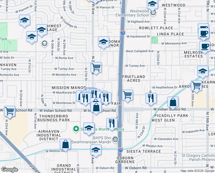 map of restaurants, bars, coffee shops, grocery stores, and more near 4227 North 27th Avenue in Phoenix