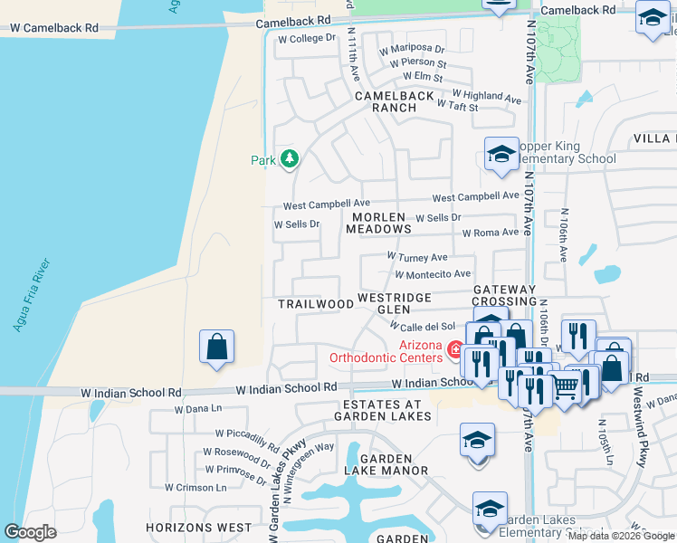 map of restaurants, bars, coffee shops, grocery stores, and more near 11112 West Montecito Avenue in Phoenix