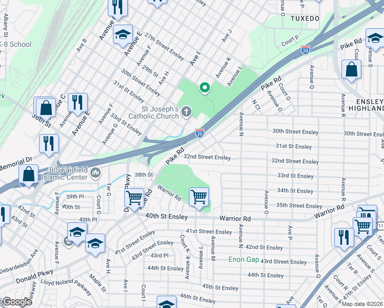 map of restaurants, bars, coffee shops, grocery stores, and more near 1100 32nd Street Ensley in Birmingham