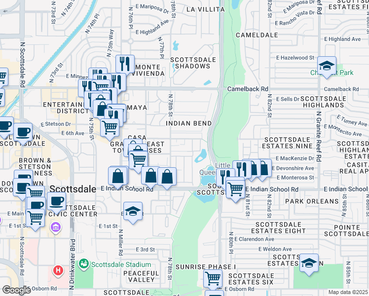 map of restaurants, bars, coffee shops, grocery stores, and more near 7826 East Heatherbrae Avenue in Scottsdale