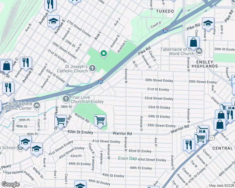map of restaurants, bars, coffee shops, grocery stores, and more near 1304 32nd Street Ensley in Birmingham