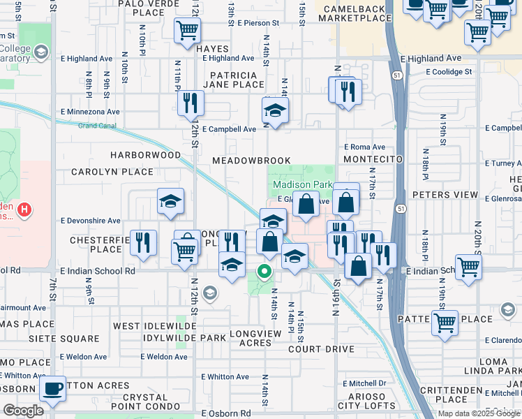 map of restaurants, bars, coffee shops, grocery stores, and more near 4236 North 14th Street in Phoenix