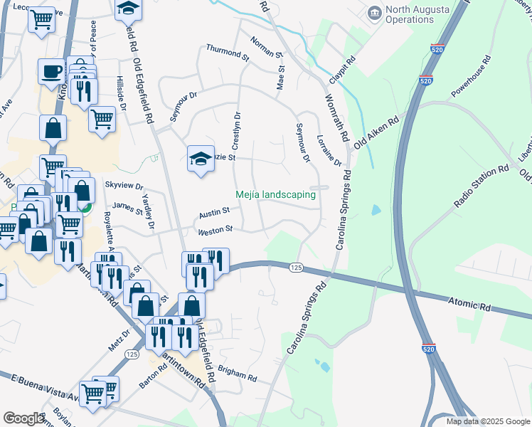 map of restaurants, bars, coffee shops, grocery stores, and more near 629 Hutchinson Drive in North Augusta