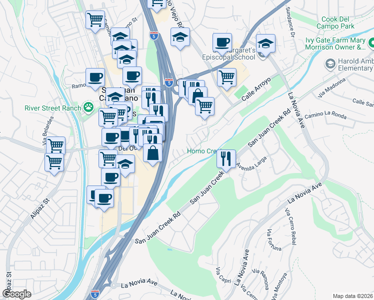 map of restaurants, bars, coffee shops, grocery stores, and more near 27124 Calle Arroyo in San Juan Capistrano