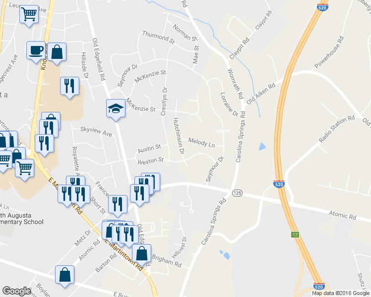 map of restaurants, bars, coffee shops, grocery stores, and more near 629 Hutchinson Drive in North Augusta