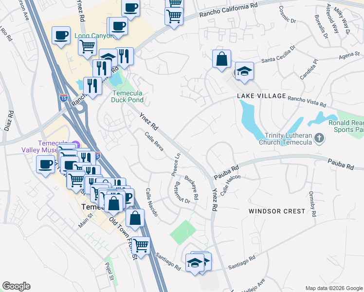 map of restaurants, bars, coffee shops, grocery stores, and more near 42740 Portraits Lane in Temecula