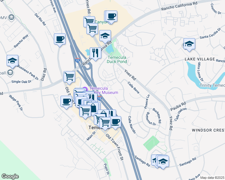map of restaurants, bars, coffee shops, grocery stores, and more near 43036 Avenida Cielo in Temecula