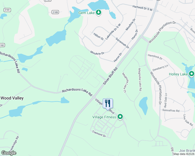 map of restaurants, bars, coffee shops, grocery stores, and more near 115 Racehorse Way in Aiken