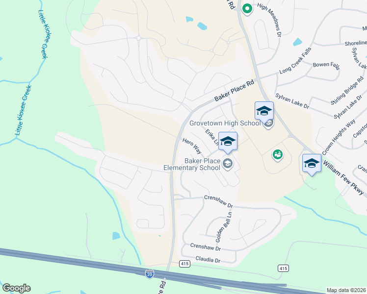 map of restaurants, bars, coffee shops, grocery stores, and more near 1401 Dooley Lane in Grovetown