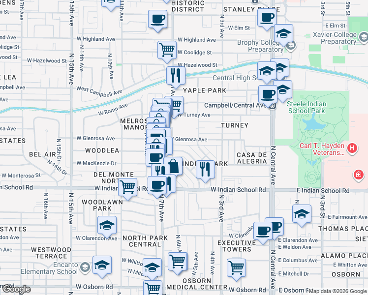 map of restaurants, bars, coffee shops, grocery stores, and more near 4235 4th Avenue Northwest in Phoenix