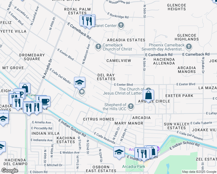 map of restaurants, bars, coffee shops, grocery stores, and more near 5351 East Exeter Boulevard in Phoenix