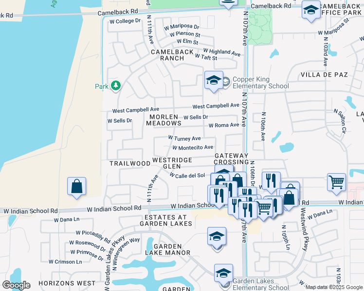 map of restaurants, bars, coffee shops, grocery stores, and more near 10930 West Montecito Avenue in Phoenix