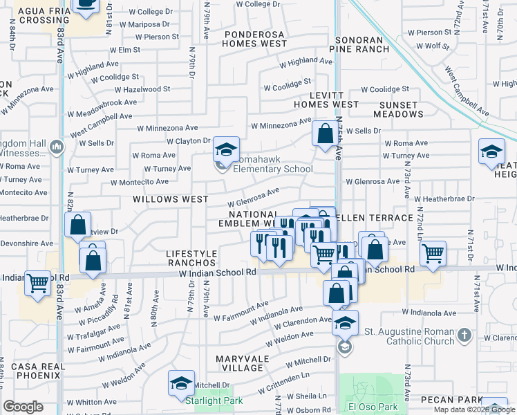 map of restaurants, bars, coffee shops, grocery stores, and more near 7640 West Heatherbrae Drive in Phoenix