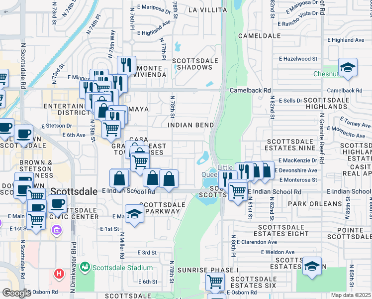 map of restaurants, bars, coffee shops, grocery stores, and more near 7826 East Heatherbrae Avenue in Scottsdale
