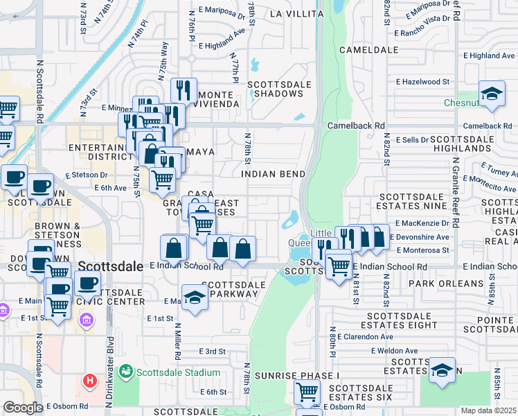 map of restaurants, bars, coffee shops, grocery stores, and more near 7826 East Heatherbrae Avenue in Scottsdale