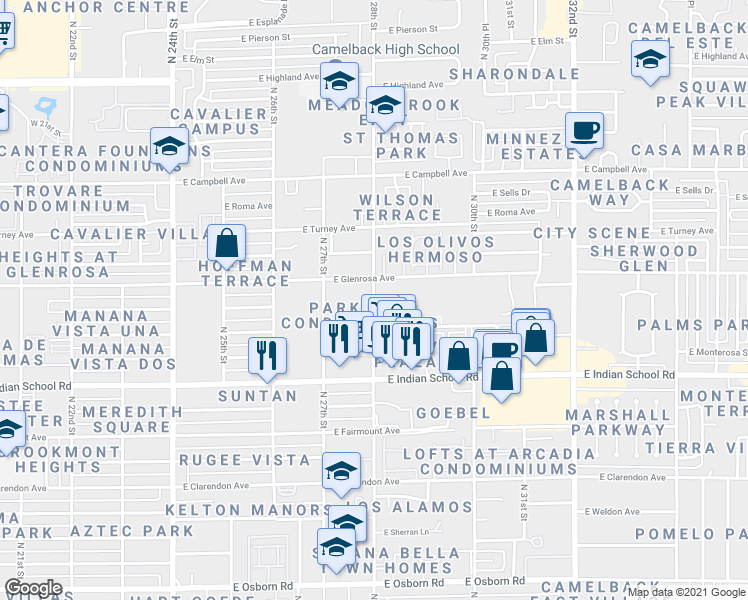 map of restaurants, bars, coffee shops, grocery stores, and more near 4242 North 28th Street in Phoenix
