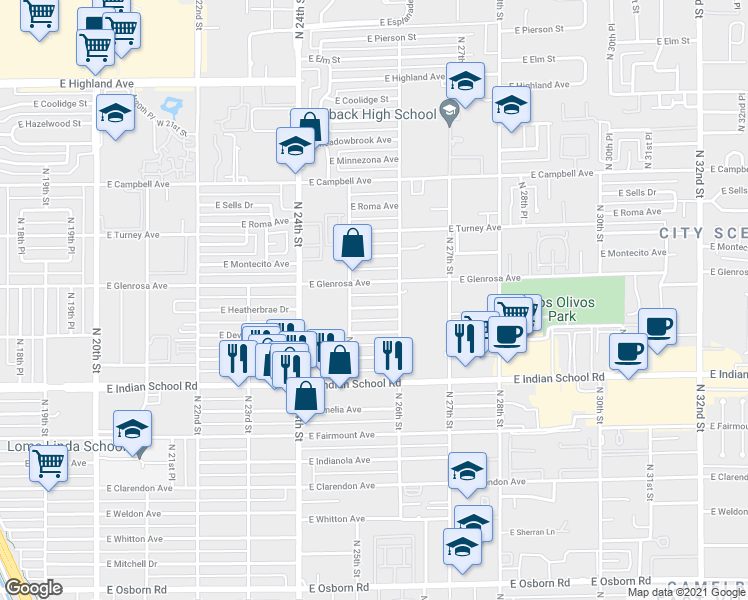 map of restaurants, bars, coffee shops, grocery stores, and more near 2514 East Heatherbrae Drive in Phoenix