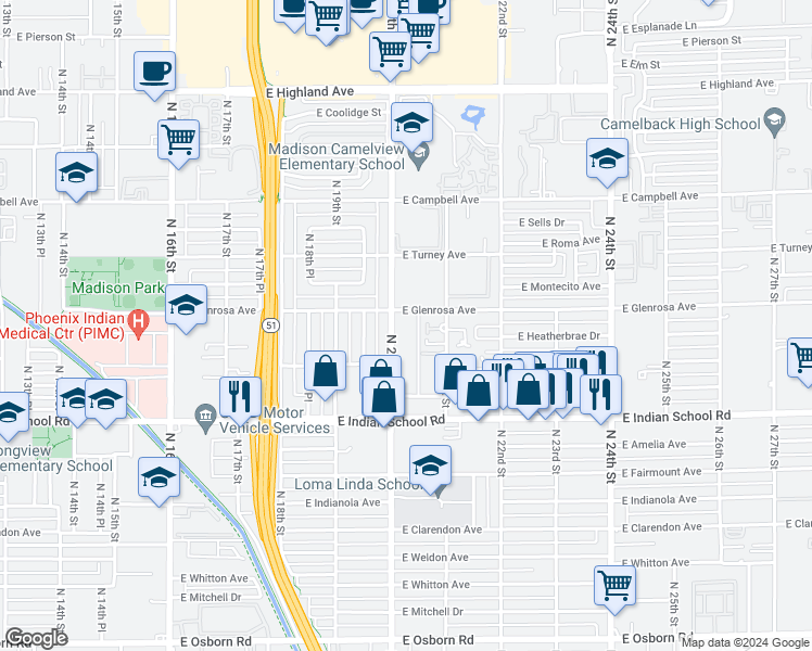 map of restaurants, bars, coffee shops, grocery stores, and more near 2017 East Glenrosa Avenue in Phoenix