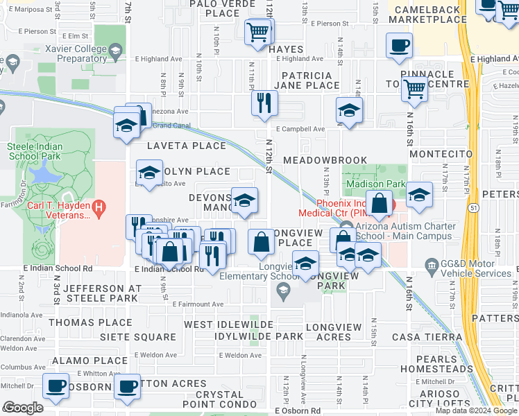 map of restaurants, bars, coffee shops, grocery stores, and more near 4241 North 11th Place in Phoenix